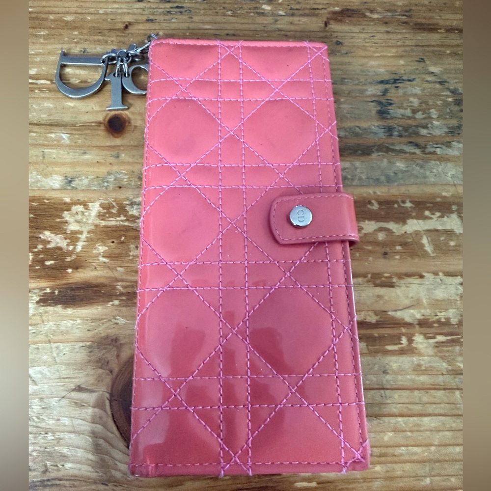 Dior Pink Patent Quilted Long Wallet with Silver 'D' Charm